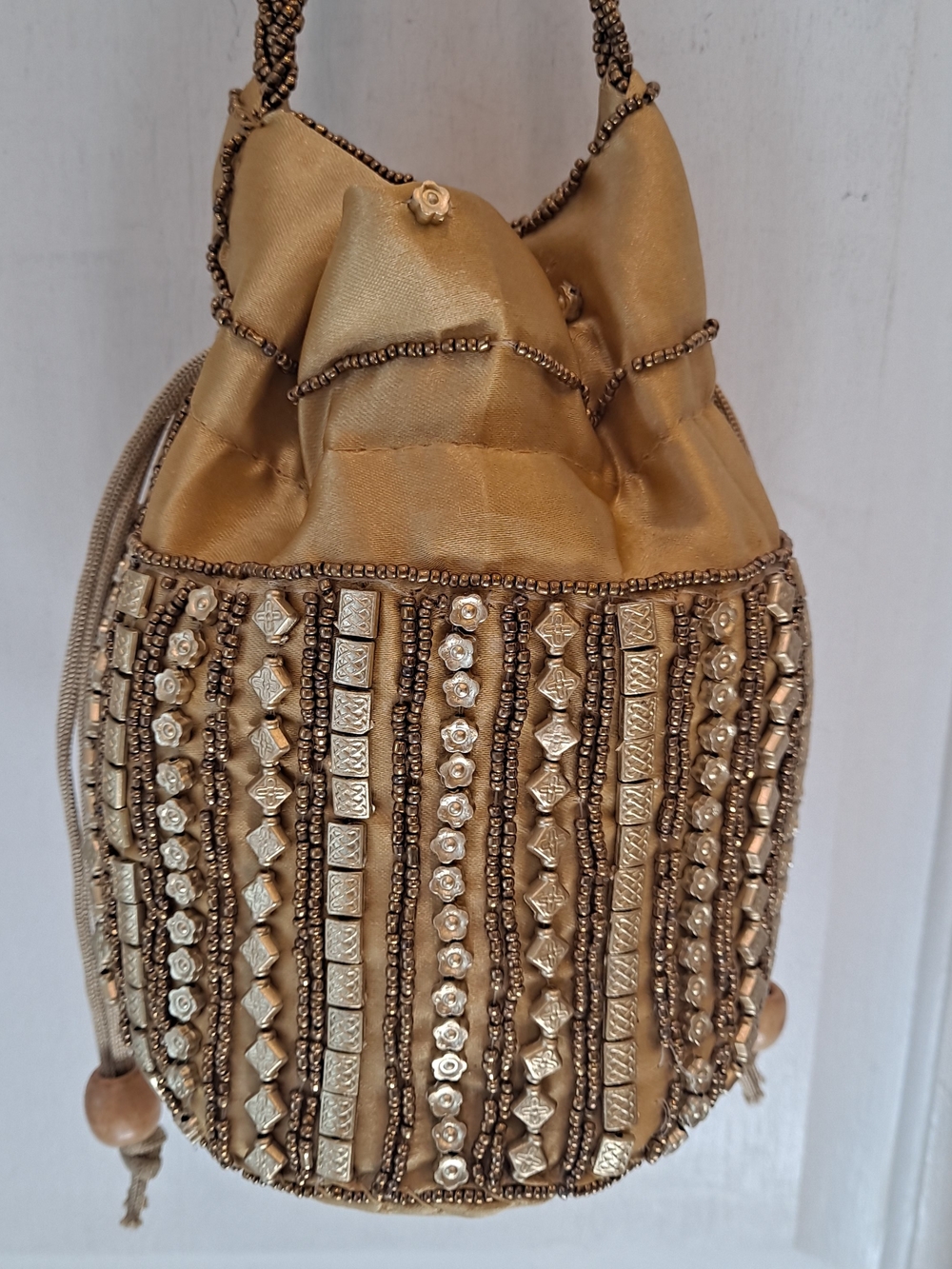Potli Batwa Raw Silk Gold Beaded Clutch Evening Shoulder Drawstring Bag Parties